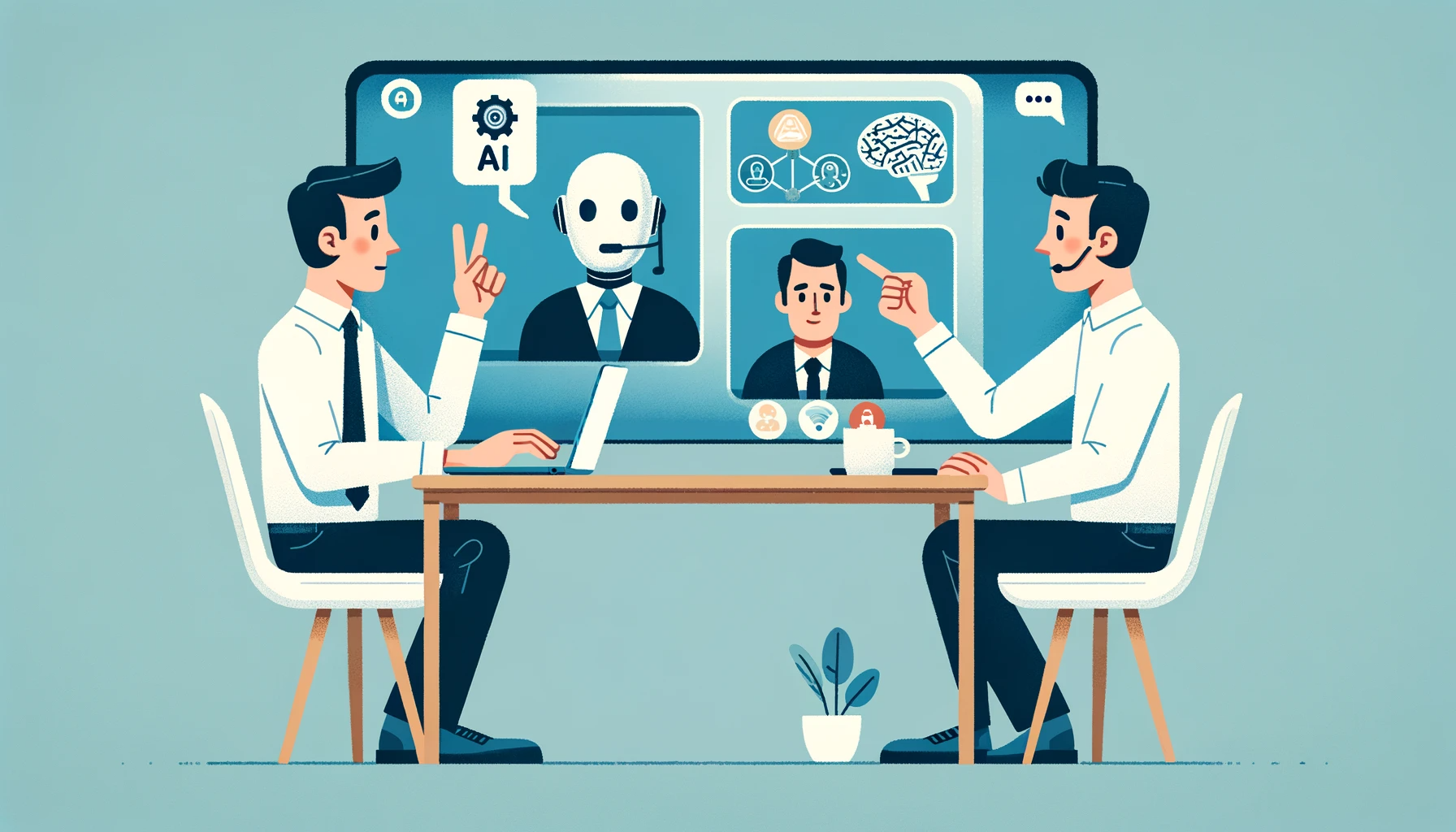 DALL·E 2023-12-07 09.56.36 - A simple cartoon image of a businessperson on a video call, presenting four different plans related to artificial intelligence. The businessperson is