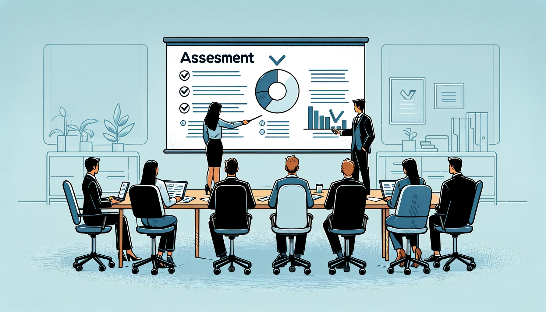 DALL·E 2023-12-07 10.13.46 - A simple cartoon image of a business meeting focusing on the assessment of a product. The scene shows a diverse group of businesspeople sitting around