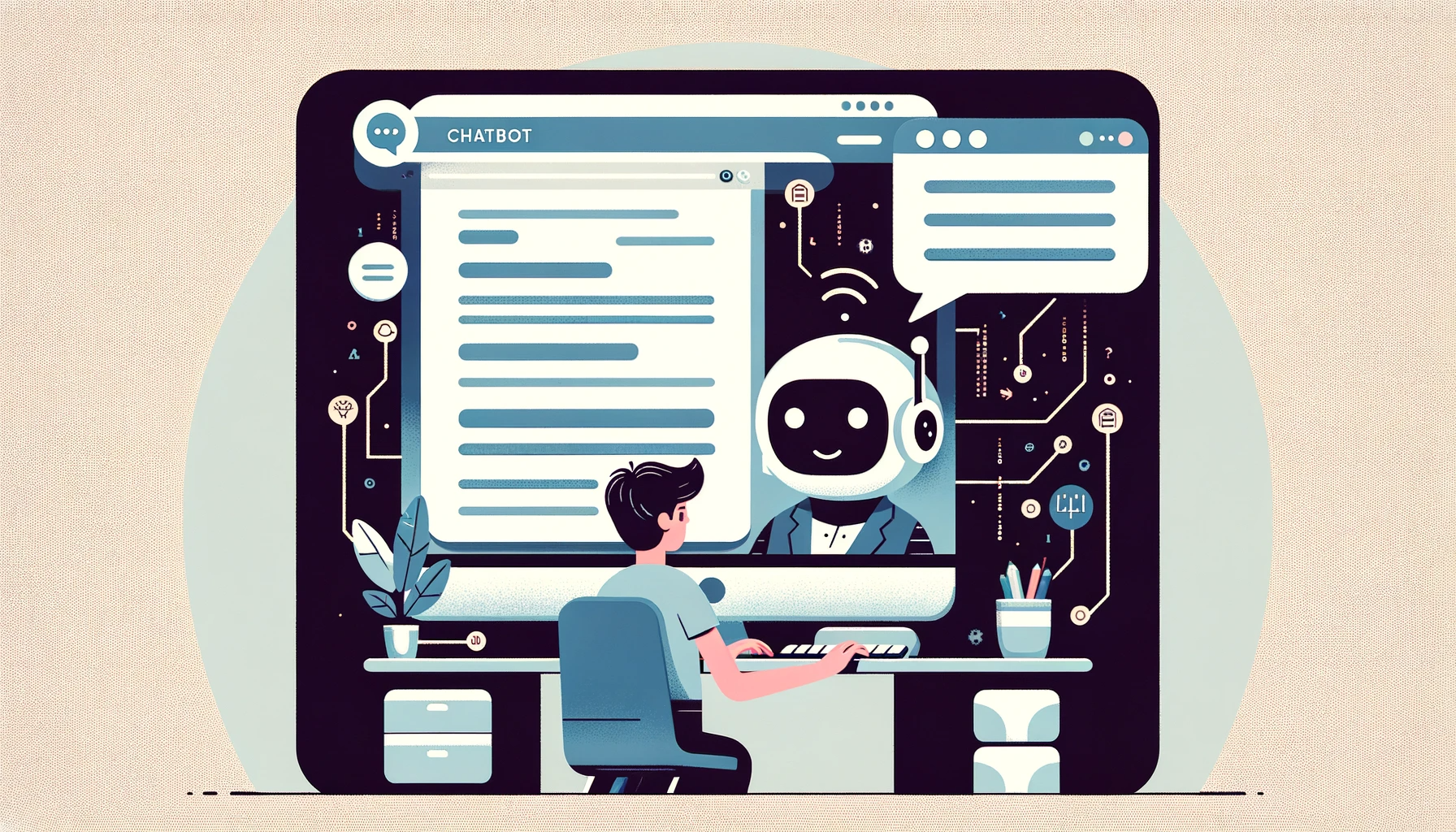 DALL·E 2023-12-08 11.09.45 - An image in a simple and stylized illustration style showing a text-to-chatbot interaction. The scene depicts a person sitting at a desk in front of a