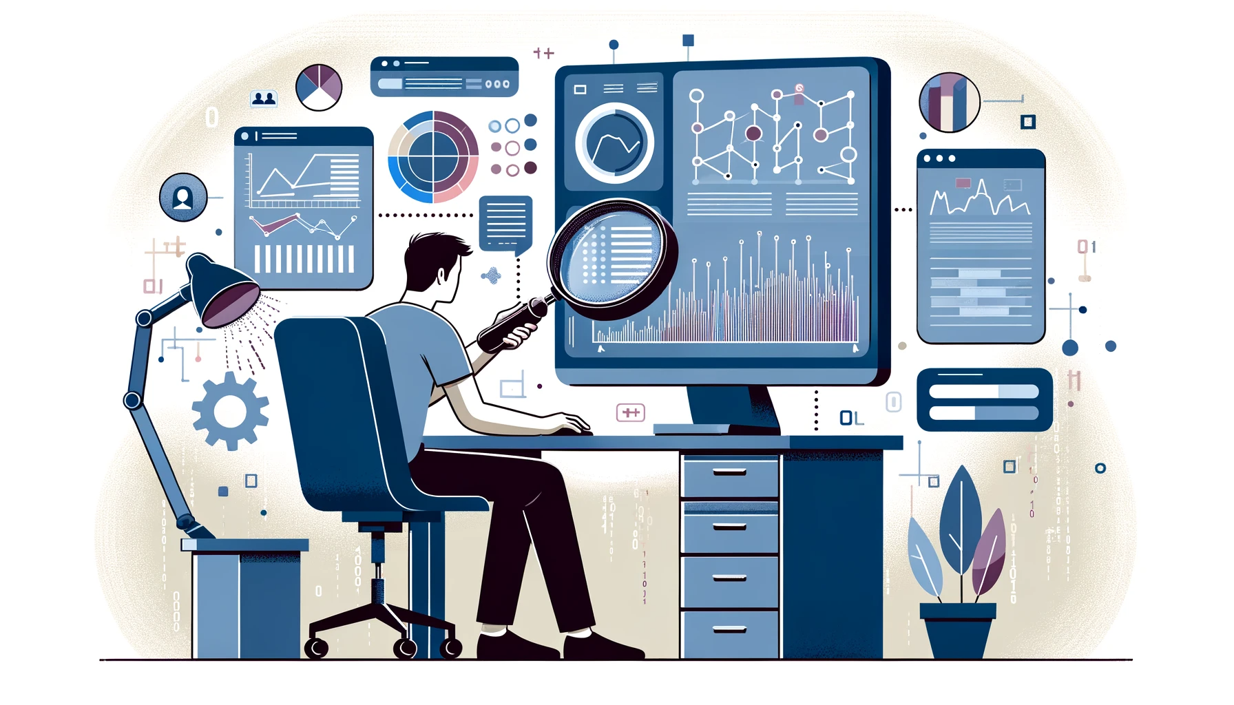 DALL·E 2023-12-08 11.12.26 - An image in a simple and stylized illustration style showing a person searching for data on a computer. The scene depicts a focused individual at a de