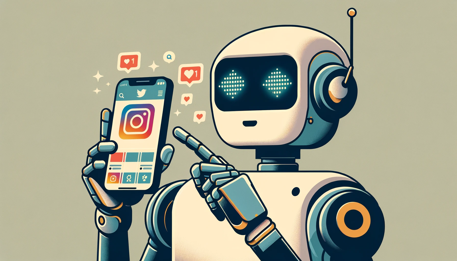DALL·E 2023-12-08 11.26.42 - An illustration in a simple and stylized format showing a robot holding a smartphone with the Instagram application open on the screen. The robot is d