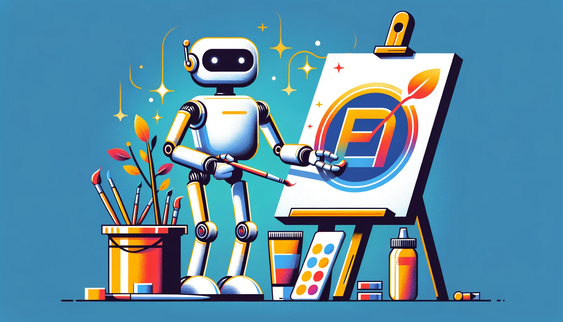 DALL·E 2023-12-08 11.29.00 - An illustration in a simple and stylized format showing a robot painting a brand logo. The robot is designed in a sleek and modern style, similar to t